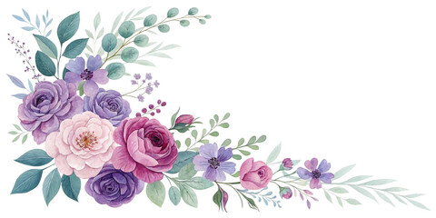 Watercolor floral corner arrangement with roses and leaves, perfect for wedding invitations and elegant designs isolated on transparent background
