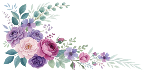 Watercolor floral corner arrangement with roses and leaves, perfect for wedding invitations and elegant designs isolated on transparent background