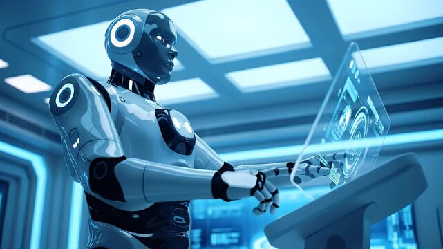 Artificial Intelligence (AI), AI-powered humanoid robot analyzing data on transparent digital screen, high-tech laboratory environment - Powered by Adobe