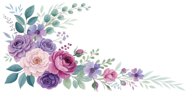 Watercolor floral corner arrangement with roses and leaves, perfect for wedding invitations and elegant designs isolated on transparent background