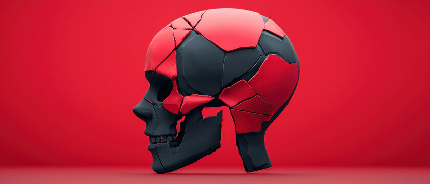 A 3D rendering of a skull in a dynamic pose, with red and black pieces.