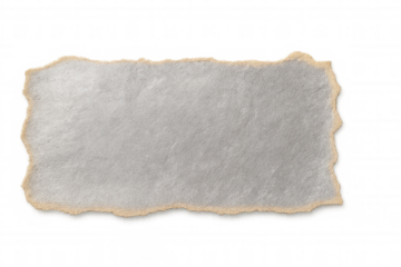 Ripped paper sheet with singed borders, transparent backdrop revealing textured edge for graphic design overlay