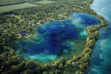Aerial view of a town bordering a vibrant turquoise lake