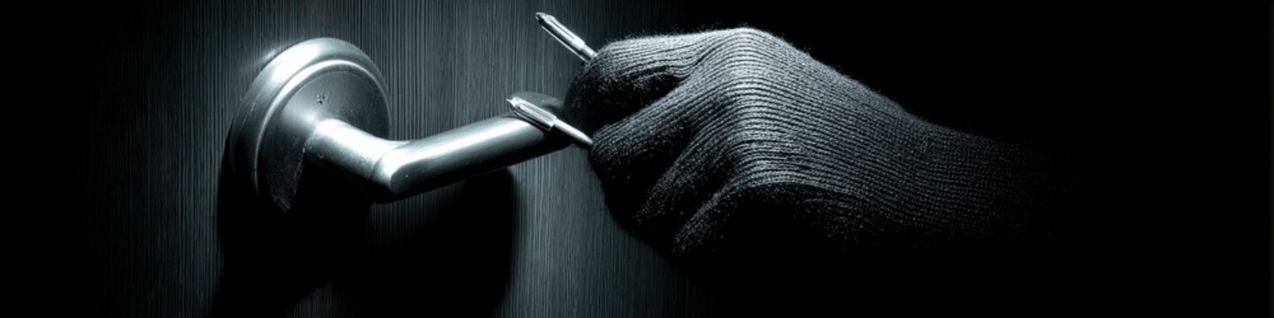 A hand in a dark glove picking the lock of a door