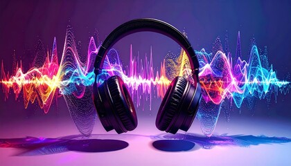 Futuristic headphones with a glowing digital soundwave equalizer display