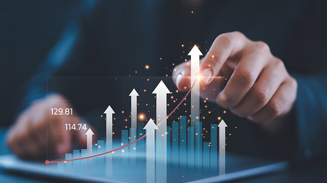 Close up of hands interacting with futuristic digital data chart showing growth and financial success - Powered by Adobe