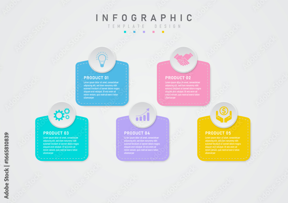Poster infographic design template with multicolored pastel colored rounded rectangles and grey dashed outl