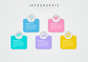 Infographic design template with multicolored pastel colored rounded rectangles and grey dashed outline, center text, grey circle on top with multicolored icons, grey gradient background.