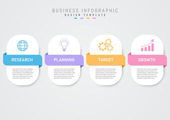 4 steps business planning infographic. White squares with rounded corners. Multicolored icons at the top and text at the bottom. A square bar in the middle with text. Gray gradient background.