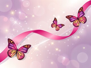 Three pink and purple butterflies flying with a pink ribbon