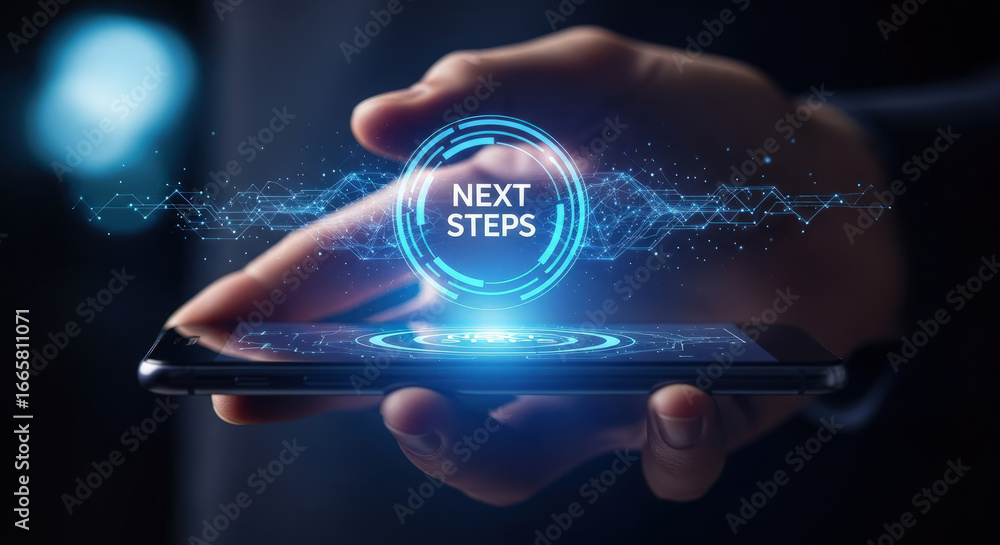 Fototapete person holds smartphone displaying next steps interface with glowing data networks visible in the da