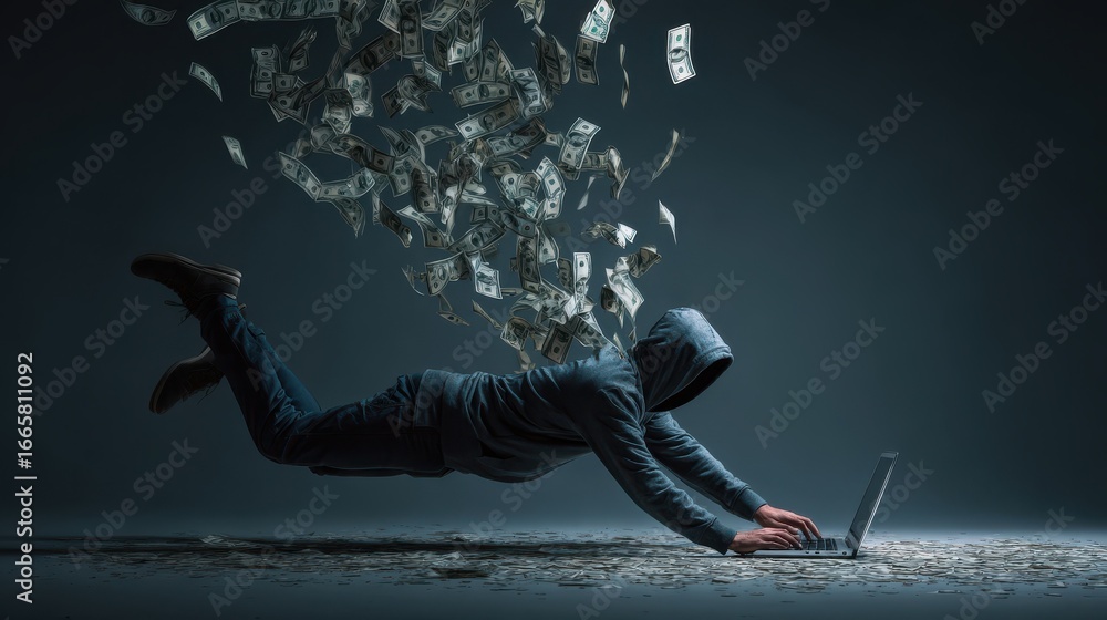 Poster hacker using laptop and falling dollar banknote hacking and financial success concept no logos no br
