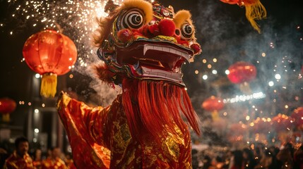 A vibrant lion dance performance unfolds amidst fireworks and red lanterns during a lively nighttime celebration.
