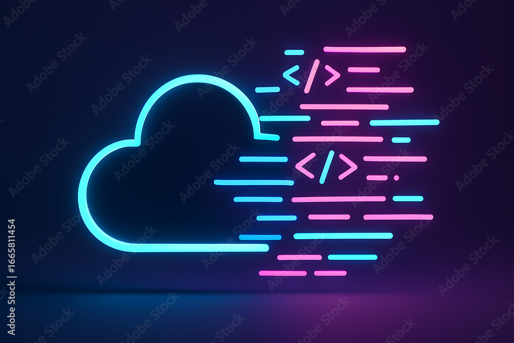 Poster a glowing neon cloud emits streams of digital code, illustrating the speed and efficiency of cloud c