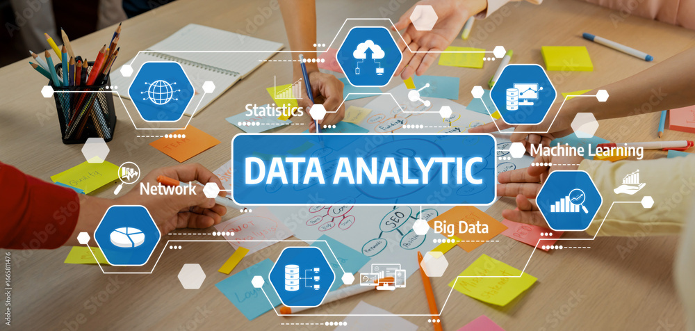 Poster a group of diverse individuals collaborates on data analytics in a modern workspace, using charts an