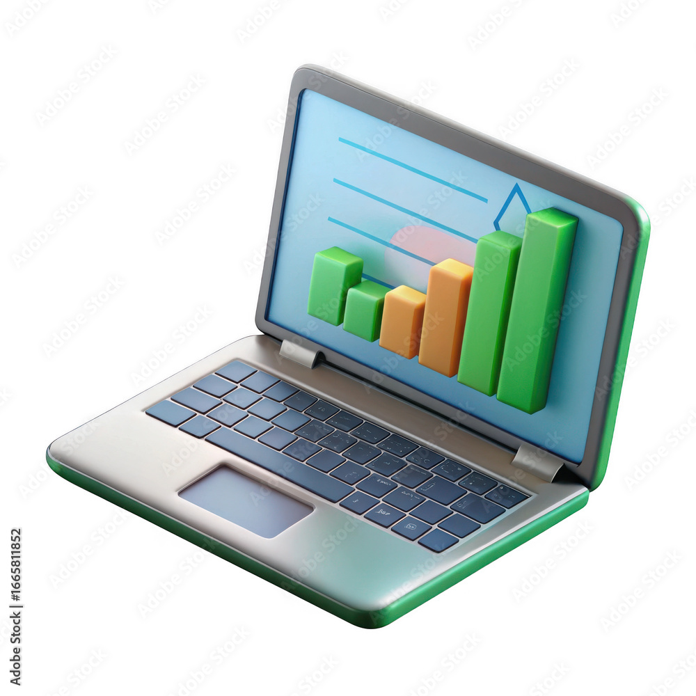 Poster 3d laptop displaying growth chart isolated on transparent background