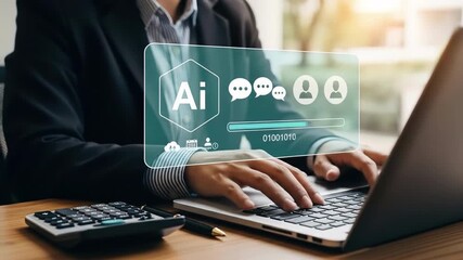 Hands type on a laptop keyboard interacting with artificial intelligence A calculator sits beside the computer on a wooden table Technology enhances productivity - Powered by Adobe
