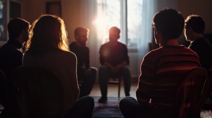 A group of young adults sits in a circle, engaged in a shared discussion or support group session, bathed in the warm light of a setting sun.