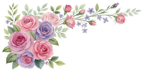 Watercolor floral corner with pink and purple roses isolated on transparent background, perfect for wedding invitations and cards