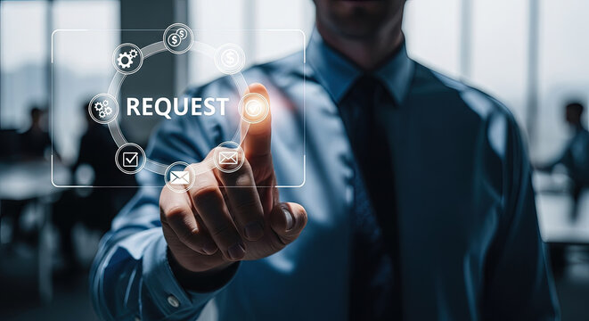 Businessman touches virtual request interface with finger, symbolizing digital interaction and modern technology