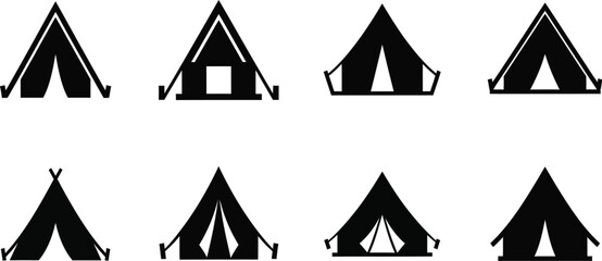 Collection of camping tent designs for outdoor adventures and recreational activities, featuring various shapes and styles for travel