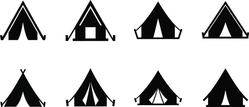 Collection of camping tent designs for outdoor adventures and recreational activities, featuring various shapes and styles for travel