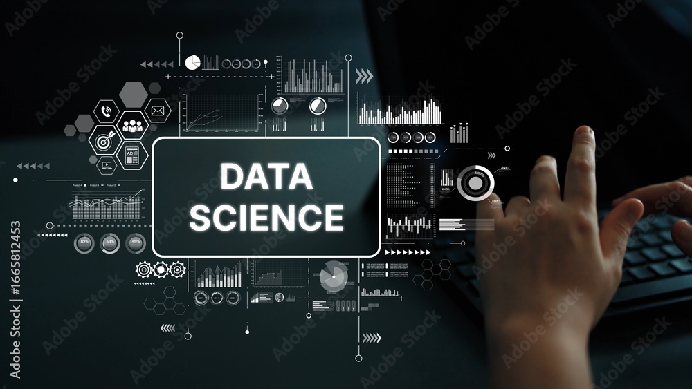 Poster modern data science concept with analytical graphs and charts representing technology and statistics
