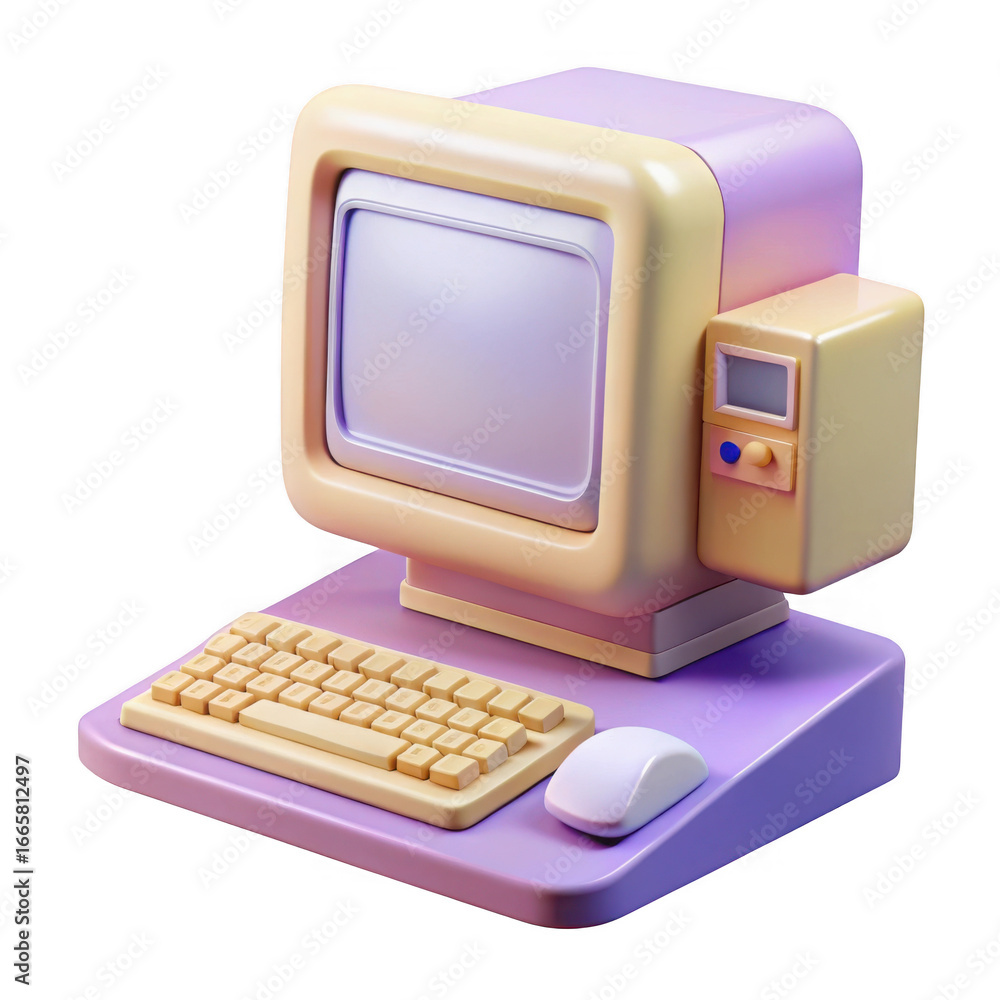 Poster 3d retro computer with pastel colors isolated on transparent background
