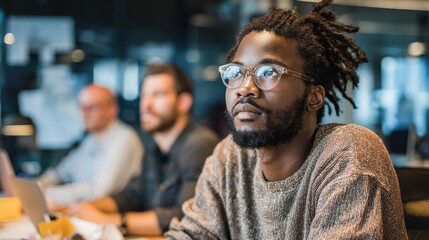 Fototapeta premium young african designer focused on his work while sitting in a row at a table with colleagues in a modern office no logos no brands ar 169