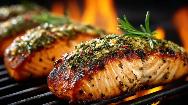 Sizzling grilled salmon fillets with herbs and spices, capturing the mouthwatering essence of gourmet cooking and culinary artistry.