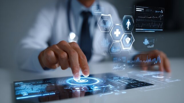 medicine doctor hand working with modern computer interface as medical concept no logos no brands ar 169
