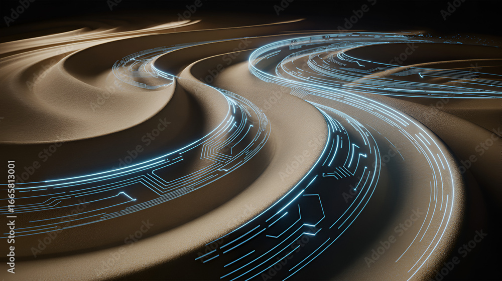 Poster abstract desert with light trails and circuit board patterns for future technology
