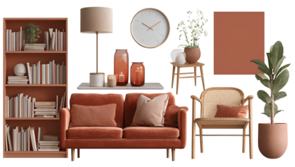  create an aesthetic mood board with scandinavian furniture, featuring brown and orange colors.