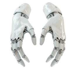 Fototapeta premium Two white robotic hands with articulated fingers, isolated on transparent background