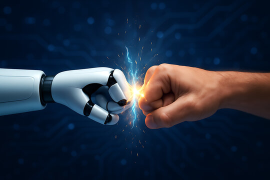A human fist and a robot fist bump together with a bright yellow electrical spark between them, against a dark blue background with circuitry patterns - Powered by Adobe