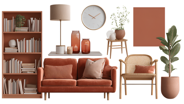  create an aesthetic mood board with scandinavian furniture, featuring brown and orange colors.