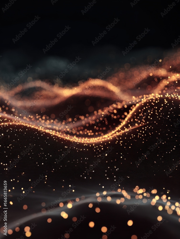 Poster abstract waves of glowing dots and lines on dark background