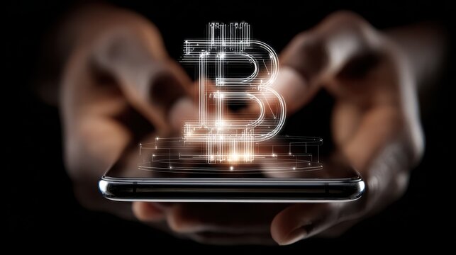 business cryptocurrency and future technology concept  close up of female hand holding smartphone with virtual bitcoin symbol hologram over black background no logos no brands ar 169