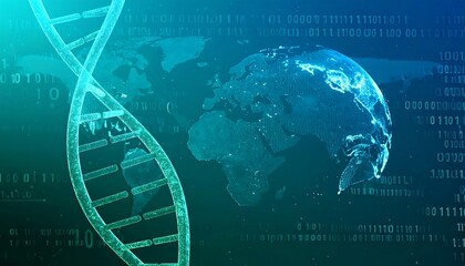 A digital representation of DNA helix entwined with a global network map overlaid with binary code, presenting a visual concept of global connectivity and genetic information.
