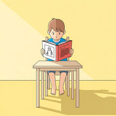 Young boy sitting at a desk reading a book with illustrations