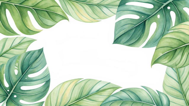 Watercolor painting of tropical monstera and other green leaves isolated on transparent background creating a frame for text or image