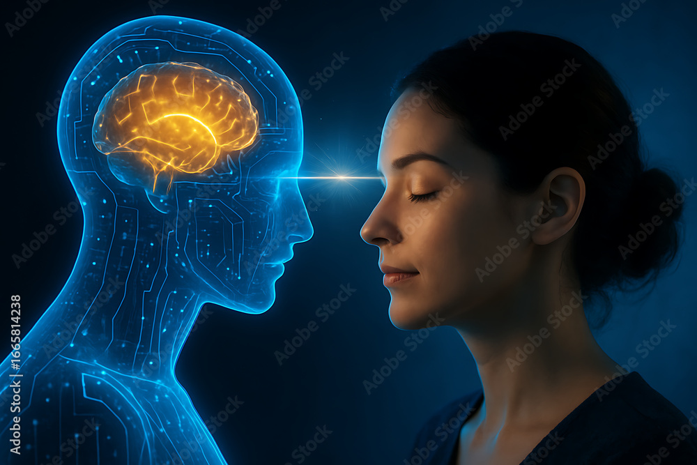 Poster a conceptual image showing the connection between human and artificial intelligence, with a glowing 
