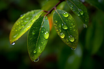 Vibrant green leaves with water droplets creating a refreshing and natural aesthetic appeal
