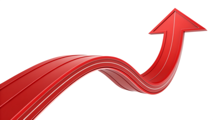 Red arrow curving upward isolated on transparent background, symbolizing growth, progress, and direction towards success and achievement