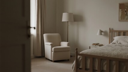 A reading nook in the corner of the bedroom, with a comfortable chair, ottoman and floor lamp, creating a cozy reading space in the soft light and elegant atmosphere.