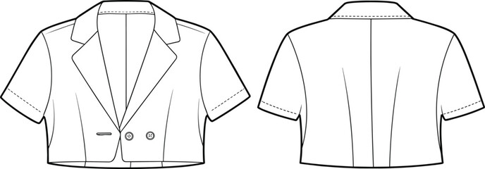 Cropped short sleeve blazer fashion flat sketch, front and back view, technical drawing, tailored fit, notched lapel, garment design