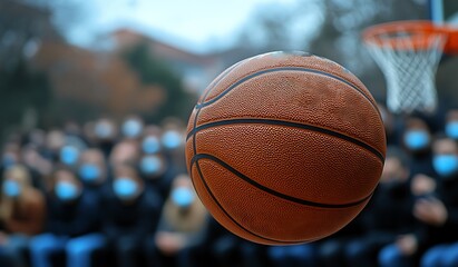 Close up of a basketball in motion with a blurred crowd wearing face masks sport game