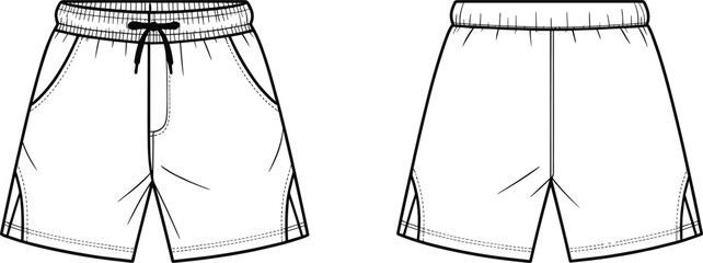 Men’s shorts flat sketch, front and back view, fashion technical drawing, casual wear template, athletic shorts design for apparel clothing industry