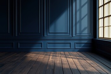 A sunlit room with dark blue paneled walls and a rich wooden floor.