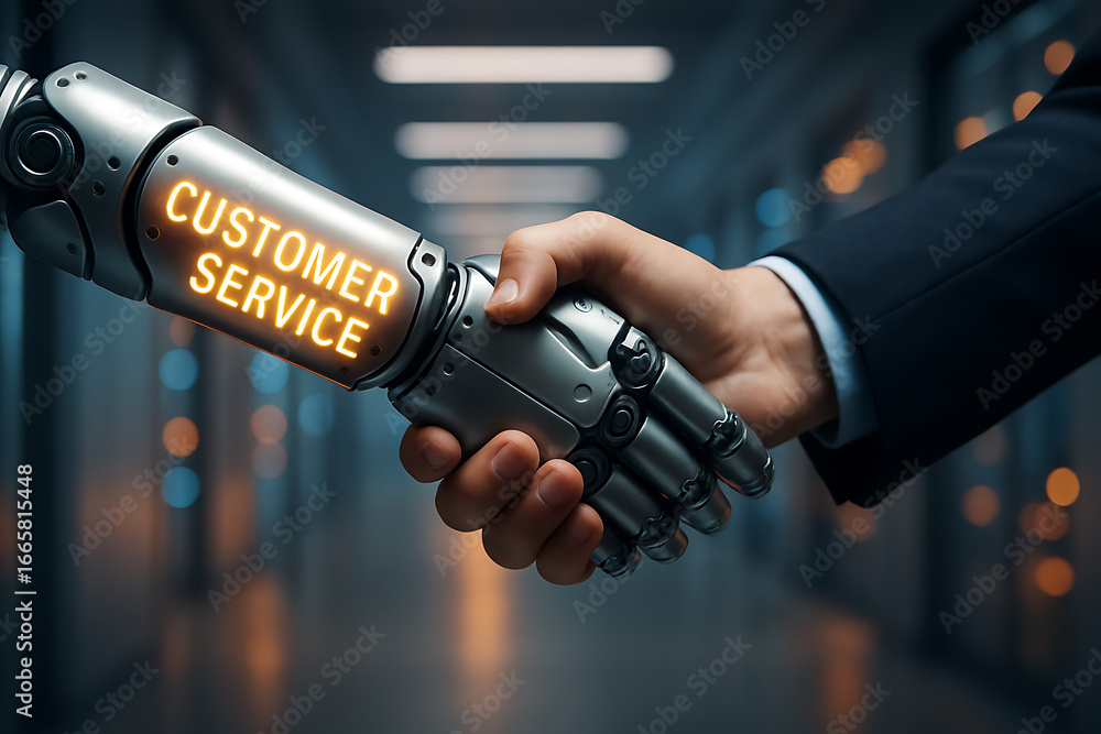 Poster a human hand shaking a robotic hand with customer service written on it, representing the integratio